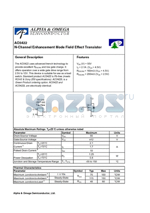 AO3422 datasheet - N-Channel Enhancement Mode Field Effect Transistor