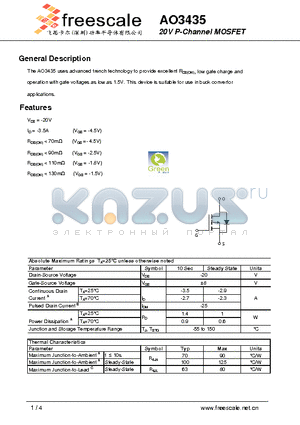 AO3435 datasheet - 20V P-Channel MOSFET