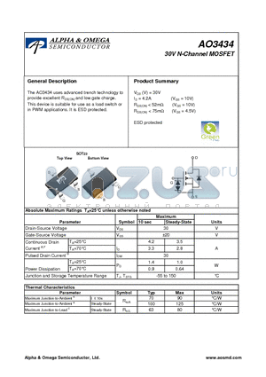 AO3434 datasheet - 30V N-Channel MOSFET