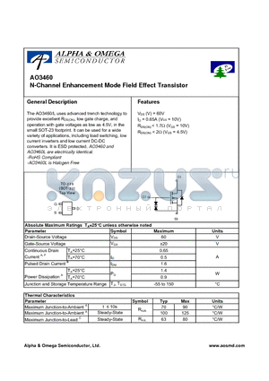 AO3460 datasheet - N-Channel Enhancement Mode Field Effect Transistor