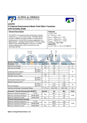 AO3701 datasheet - P-Channel Enhancement Mode Field Effect Transistor with Schottky Diode
