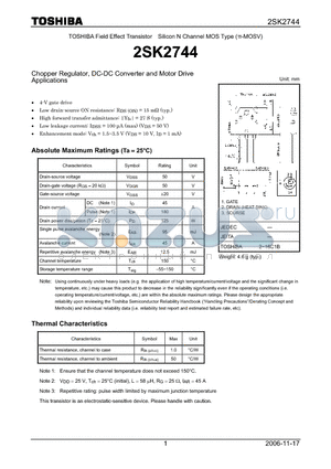 2SK2744 datasheet - Silicon N Channel MOS Type Chopper Regulator, DC-DC Converter and Motor Drive Applications