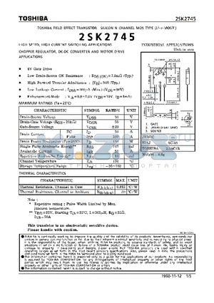 2SK2745 datasheet - N CHANNEL MOS TYPE (HIGH SPEED, HIGH VOLTAGE SWITCHING, CHOPPER REGULATOR, DC-DC CONVERTER AND MOTOR DRIVE APPLICATIONS)