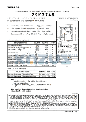 2SK2746 datasheet - N CHANNEL MOS TYPE (HIGH SPEED,  HIGH CURRENT SWITCHNG, DC-DC CONVERTER AND MOTOR DRIVE APPLICATIONS)