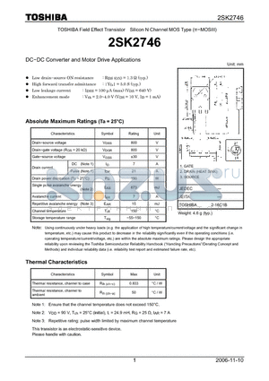 2SK2746 datasheet - Silicon N Channel MOS Type DC−DC Converter and Motor Drive Applications
