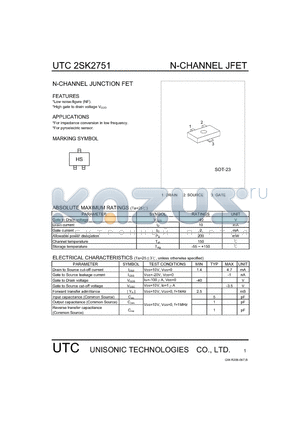 2SK2751 datasheet - N-CHANNEL JUNCTION FET