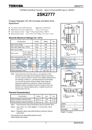 2SK2777 datasheet - Chopper Regulator, DC−DC Converter and Motor Drive Applications