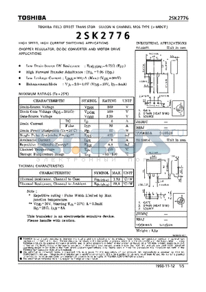 2SK2776 datasheet - N CHANNEL MOS TYPE (HIGH SPEED, HIGH VOLTAGE SWITCHING, CHOPPER REGULATOR, DC-DC CONVERTER AND MOTOR DRIVE APPLICATIONS)