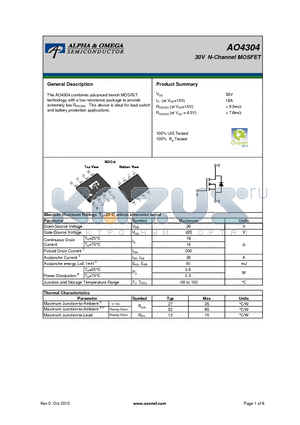 AO4304 datasheet - 30V N-Channel MOSFET