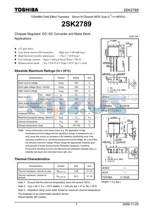 2SK2789 datasheet - Silicon N Channel MOS Type Chopper Regulator, DC−DC Converter and Motor Drive Applications