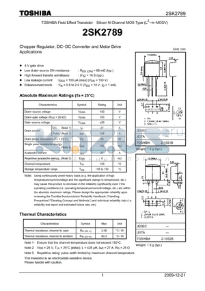2SK2789 datasheet - Chopper Regulator, DC−DC Converter and Motor Drive Applications