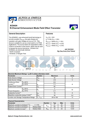 AO4404 datasheet - N-Channel Enhancement Mode Field Effect Transistor