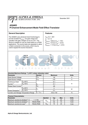 AO4403 datasheet - P-Channel Enhancement Mode Field Effect Transistor