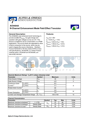 AO4404AL datasheet - N-Channel Enhancement Mode Field Effect Transistor