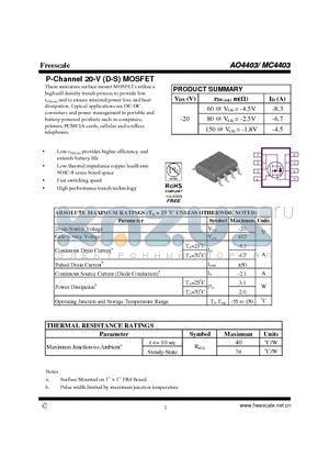 AO4403 datasheet - P-Channel 20-V (D-S) MOSFET High performance trench technology