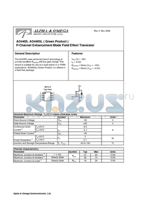 AO4405 datasheet - P-Channel Enhancement Mode Field Effect Transistor