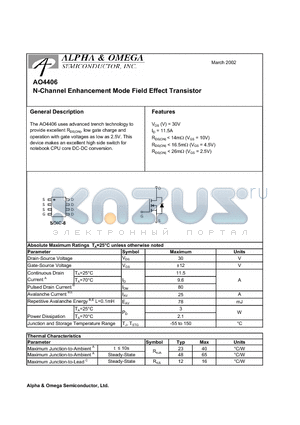 AO4406 datasheet - N CHANNEL ENHANCEMENT MODE FIELD EFFECT TRANSISTOR