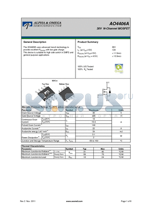 AO4406A datasheet - 30V N-Channel MOSFET