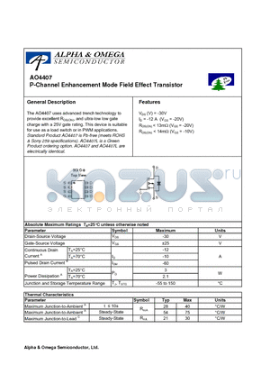 AO4407L datasheet - P-Channel Enhancement Mode Field Effect Transistor