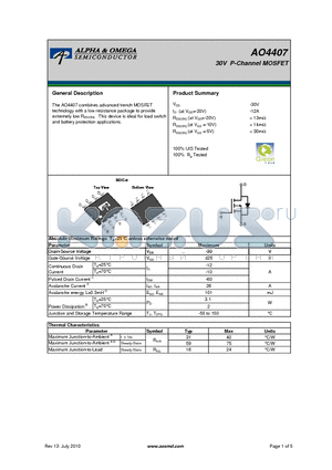 AO4407_10 datasheet - 30V P-Channel MOSFET