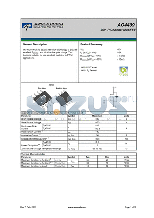 AO4409 datasheet - 30V P-Channel MOSFET