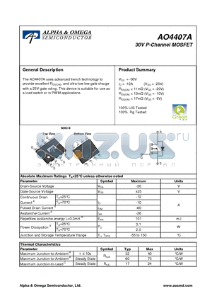 AO4407A_10 datasheet - 30V P-Channel MOSFET