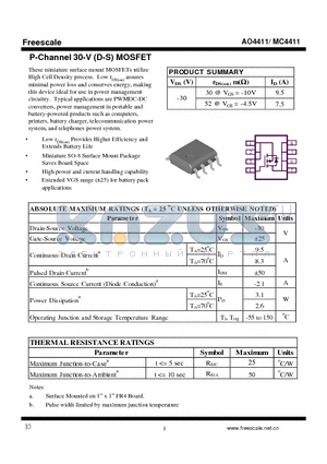 AO4411 datasheet - P-Channel 30-V (D-S) MOSFET High power and current handling capability