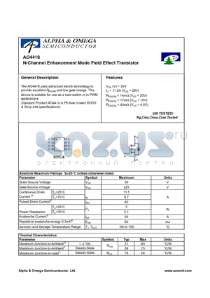 AO4418 datasheet - N-Channel Enhancement Mode Field Effect Transistor