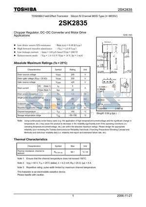 2SK2835_06 datasheet - Silicon N Channel MOS Type Chopper Regulator, DC−DC Converter and Motor Drive Applications