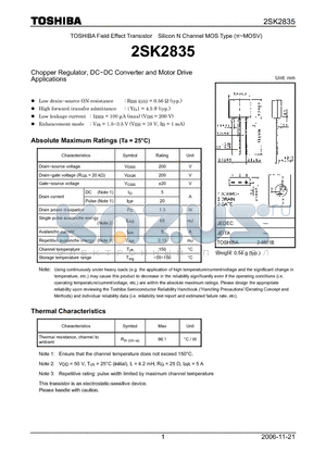 2SK2835 datasheet - Silicon N Channel MOS Type Chopper Regulator, DC−DC Converter and Motor Drive Applications