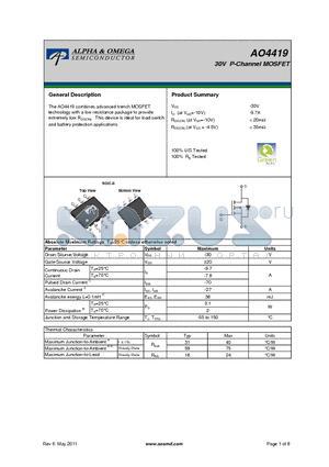 AO4419 datasheet - 30V P-Channel MOSFET