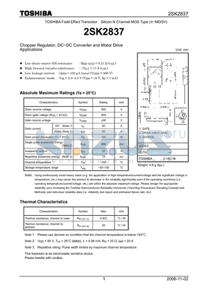 2SK2837_06 datasheet - Silicon N Channel MOS Type Chopper Regulator, DC−DC Converter and Motor Drive Applications