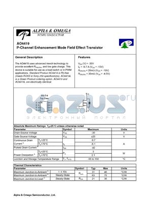 AO4419 datasheet - P-Channel Enhancement Mode Field Effect Transistor