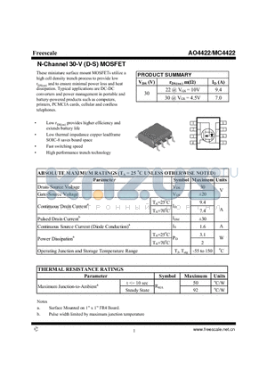 AO4422 datasheet - N-Channel 30-V (D-S) MOSFET High performance trench technology