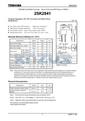 2SK2841 datasheet - Silicon N Channel MOS Type Chopper Regulator, DC−DC Converter and Motor Drive Applications