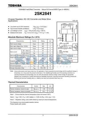2SK2841 datasheet - Chopper Regulator, DC−DC Converter and Motor Drive Applications