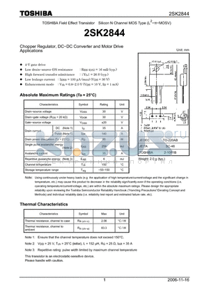 2SK2844 datasheet - Silicon N Channel MOS Type Chopper Regulator, DC−DC Converter and Motor Drive Applications