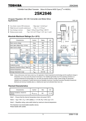 2SK2846 datasheet - Silicon N Channel MOS Type Chopper Regulator, DC−DC Converter and Motor Drive Applications