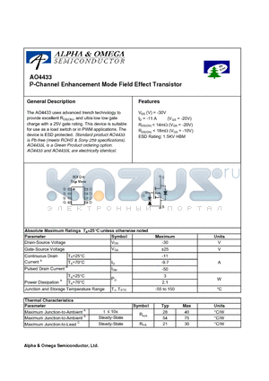 AO4433 datasheet - P-Channel Enhancement Mode Field Effect Transistor