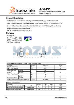 AO4433 datasheet - P-Channel Enhancement Mode Field Effect Transistor