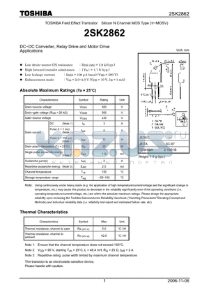 2SK2862 datasheet - Silicon N Channel MOS Type DC−DC Converter, Relay Drive and Motor Drive Applications