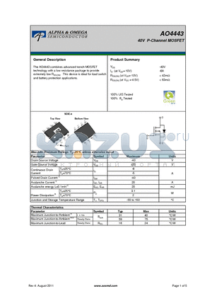 AO4443 datasheet - 40V P-Channel MOSFET