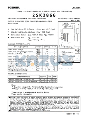 2SK2866 datasheet - N CHANNEL MOS TYPE (HIGH SPEED, HIGH CURRENT SWITCHING, CHOPPER REGULATOR, DC-DC CONVERTERAND MOTOR DRIVE APPLICATIONS)