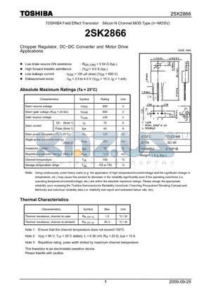 2SK2866 datasheet - Chopper Regulator, DC−DC Converter and Motor Drive Applications
