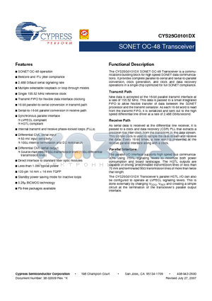 CYS25G0101DX datasheet - SONET OC-48 Transceiver