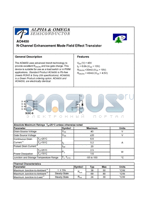 AO4450 datasheet - N-Channel Enhancement Mode Field Effect Transistor