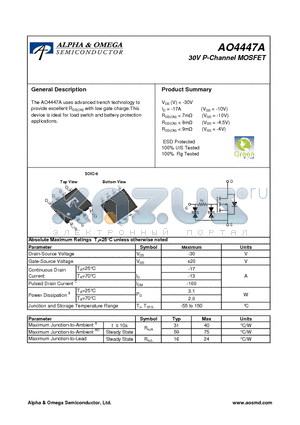 AO4447A datasheet - 30V P-Channel MOSFET