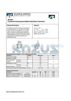 AO4451 datasheet - P-Channel Enhancement Mode Field Effect Transistor