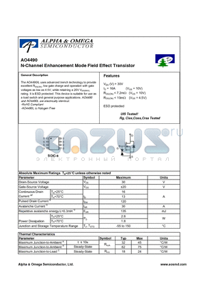 AO4490 datasheet - N-Channel Enhancement Mode Field Effect Transistor