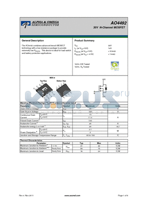 AO4492 datasheet - 30V N-Channel MOSFET